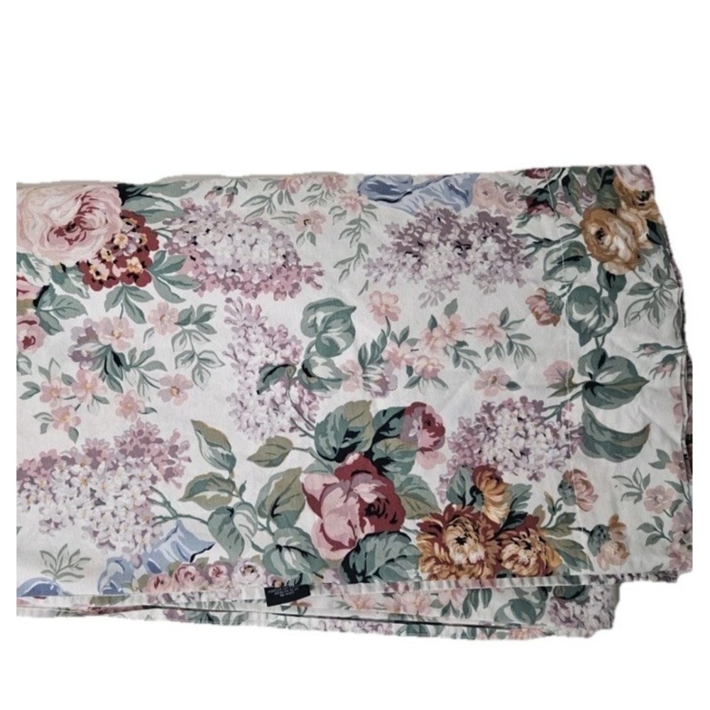 Ralph Lauren Queen Flat Sheet Allison Floral Vtg White Cotton USA Cottage Core